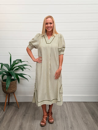 Take Me There Striped Puff Sleeve Midi Dress • Green-Umgee-Shop Anchored Bliss Women's Boutique Clothing Store