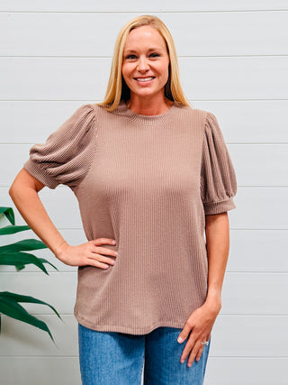 Take Your Chance Puff Sleeve Corded Top • Mocha-Zenana-Shop Anchored Bliss Women's Boutique Clothing Store