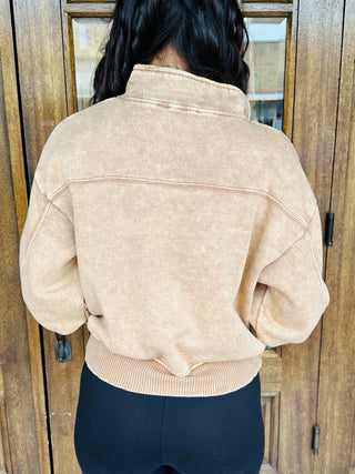 Take a Moment Acid Wash Half Zip Pullover • Camel-Zenana-Shop Anchored Bliss Women's Boutique Clothing Store