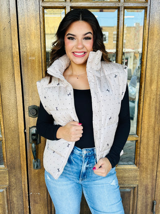 Take the Risk Polka Dot Bow Puffer Vest • Tan-Blu Pepper-Shop Anchored Bliss Women's Boutique Clothing Store