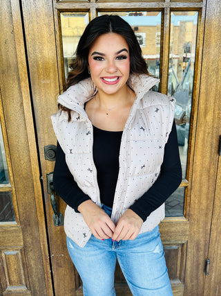Take the Risk Polka Dot Bow Puffer Vest • Tan-Blu Pepper-Shop Anchored Bliss Women's Boutique Clothing Store