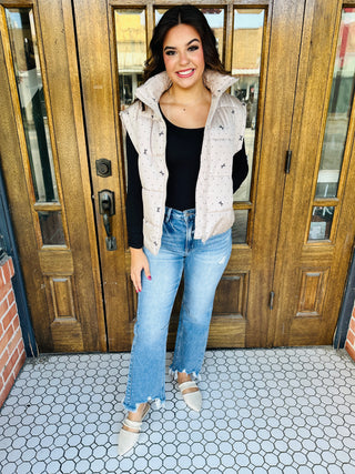 Take the Risk Polka Dot Bow Puffer Vest • Tan-Blu Pepper-Shop Anchored Bliss Women's Boutique Clothing Store