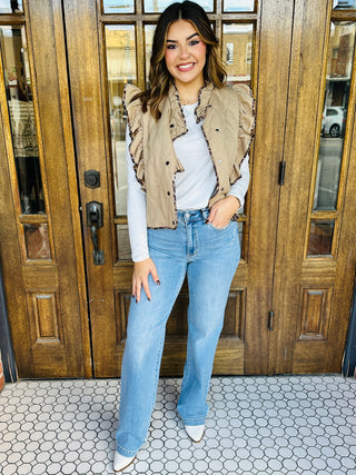 Tell Me Everything Quilted Ruffle Vest with Leopard Trim • Tan-Umgee-Shop Anchored Bliss Women's Boutique Clothing Store