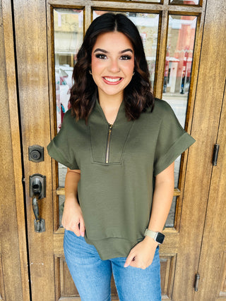 Tell Me Something Good Scuba Half Zip Top • Olive-Zenana-Shop Anchored Bliss Women's Boutique Clothing Store