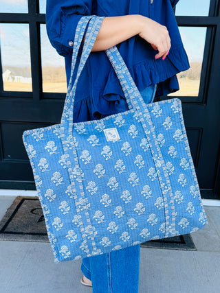 The Blue Roxie Floral & Stripe Quilted Tote Bag-Hart & Hollow-Shop Anchored Bliss Women's Boutique Clothing Store