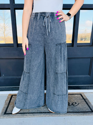 The One You Want Mineral Washed Tiered Pants • Black-Easel-Shop Anchored Bliss Women's Boutique Clothing Store