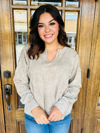 Think About It Mineral Washed V-Neck Top • Tan-Blu Pepper-Shop Anchored Bliss Women's Boutique Clothing Store