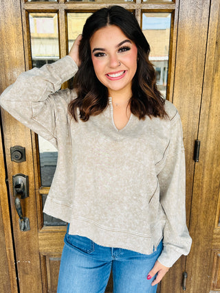 Think About It Mineral Washed V-Neck Top • Tan-Blu Pepper-Shop Anchored Bliss Women's Boutique Clothing Store