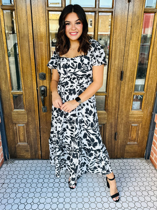 Think of Me Floral Puff Sleeve Midi Dress • Black-Blu Pepper-Shop Anchored Bliss Women's Boutique Clothing Store