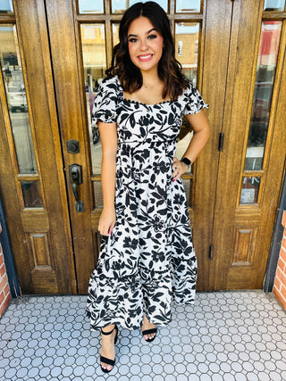 Think of Me Floral Puff Sleeve Midi Dress • Black-Blu Pepper-Shop Anchored Bliss Women's Boutique Clothing Store