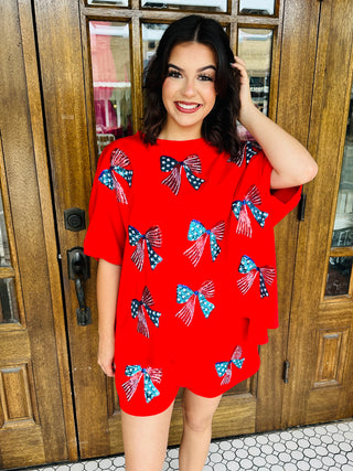 American Girl Stars & Stripes Sequin Bow Oversized Top & Short Set-Fantastic Fawn-Shop Anchored Bliss Women's Boutique Clothing Store
