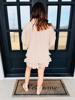 Touch of Ruffles Woven Striped Button Down Top • Latte Tan-Easel-Shop Anchored Bliss Women's Boutique Clothing Store
