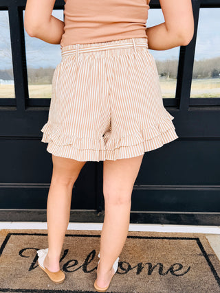 Touch of Ruffles Woven Striped Shorts • Latte Tan-Easel-Shop Anchored Bliss Women's Boutique Clothing Store