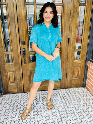 Keep it Casual Mineral Washed Collared Midi Dress • Light Teal-Zenana-Shop Anchored Bliss Women's Boutique Clothing Store