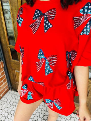 American Girl Stars & Stripes Sequin Bow Oversized Top & Short Set-Fantastic Fawn-Shop Anchored Bliss Women's Boutique Clothing Store