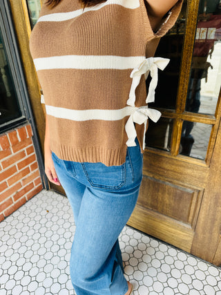 Walk the Line Striped Side Tie Sweater Top • Tan-Blu Pepper-Shop Anchored Bliss Women's Boutique Clothing Store