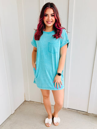 Want Your Love Mineral Washed Pocket Tee Dress • Turquoise-Zenana-Shop Anchored Bliss Women's Boutique Clothing Store