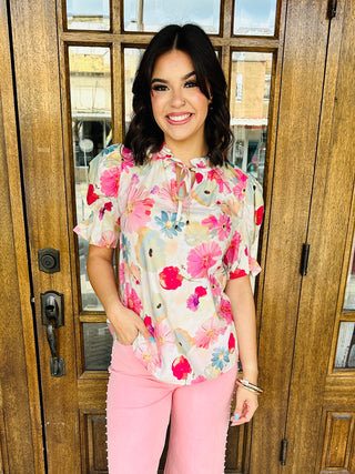 Bring on the Sunshine Floral Puff Sleeve Top • Pink-Entro-Shop Anchored Bliss Women's Boutique Clothing Store