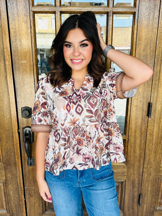 Weekend Escape Floral Top • Mocha-She+Sky-Shop Anchored Bliss Women's Boutique Clothing Store