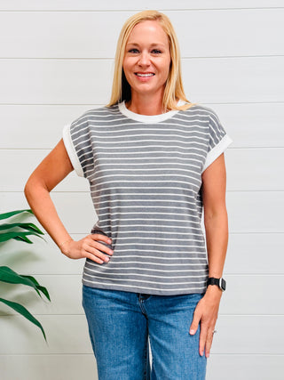 Weekend Favorite Cap Sleeve Striped Top • Charcoal-Zenana-Shop Anchored Bliss Women's Boutique Clothing Store