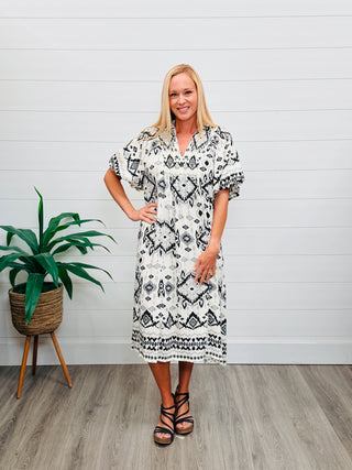 What You Do to Me Ikat Collared Mini Dress • Black-Umgee-Shop Anchored Bliss Women's Boutique Clothing Store