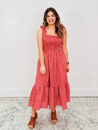 Where the Heart Is Red Gingham Tiered Midi Dress-Pinch-Shop Anchored Bliss Women's Boutique Clothing Store