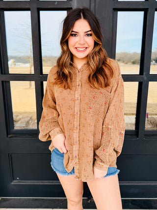 Wherever You Are Floral Gauze Button Up Shirt • Mocha-Easel-Shop Anchored Bliss Women's Boutique Clothing Store