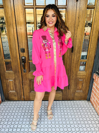 Whimsy Sequin Nutcracker Button Down Dress • Pink
