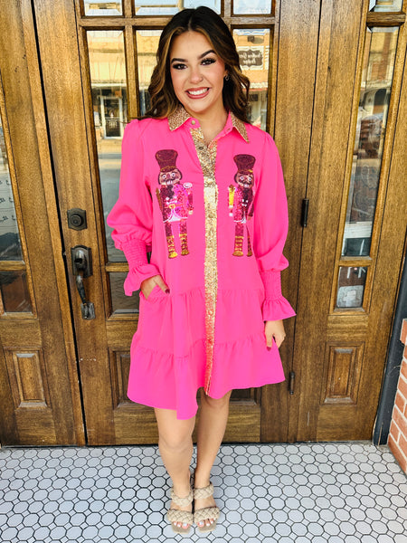 Whimsy Sequin Nutcracker Button Down Dress • Pink