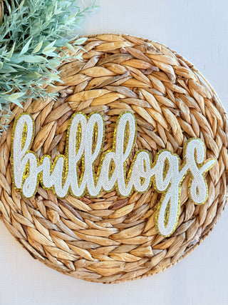 White & Gold Bulldogs Script Sequin Patch-Harps & Oli-Shop Anchored Bliss Women's Boutique Clothing Store