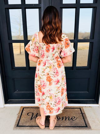Worth Melting For Puff Sleeve Floral Midi Dress with Pockets • Peach-She+Sky-Shop Anchored Bliss Women's Boutique Clothing Store