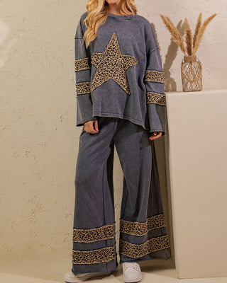 Yours Truly Leopard Star Mineral Wash Lounge Set • Denim