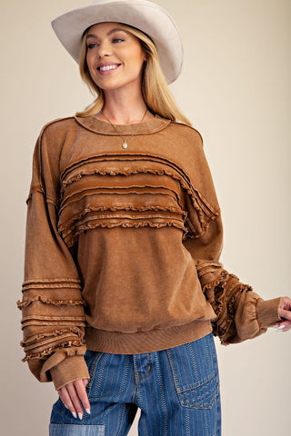 Much Needed Mineral Washed Ruffle Detail Top • Brown-Easel-Shop Anchored Bliss Women's Boutique Clothing Store