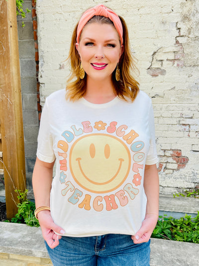Happy Middle School Teacher Graphic Tee-Harps & Oli-Shop Anchored Bliss Women's Boutique Clothing Store