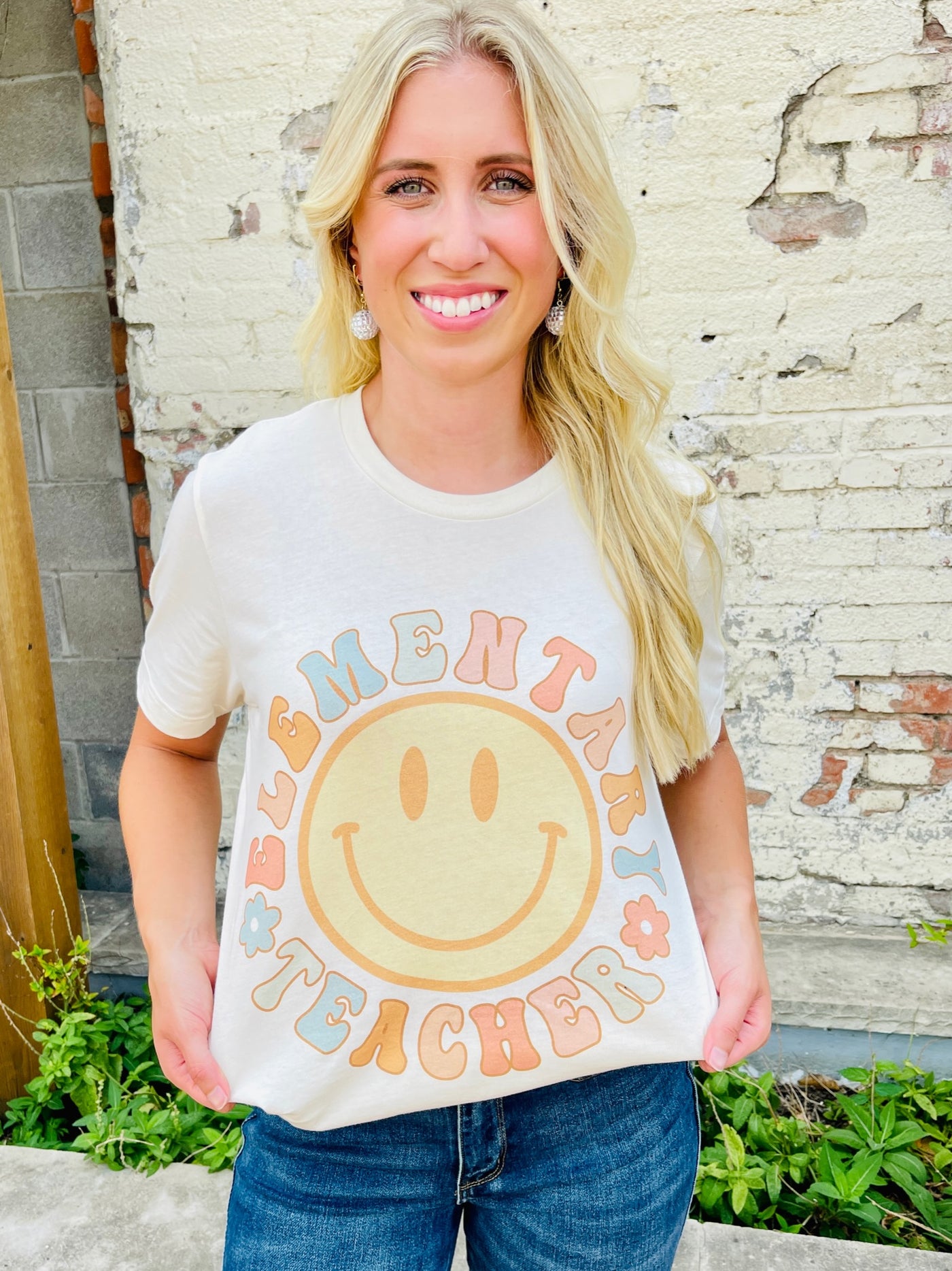 Happy Elementary School Teacher Graphic Tee-Harps & Oli-Shop Anchored Bliss Women's Boutique Clothing Store