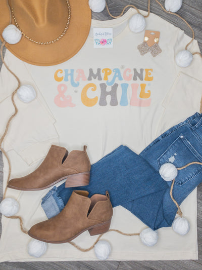 Champagne & Chill Distressed Graphic Tee-Harps & Oli-Shop Anchored Bliss Women's Boutique Clothing Store