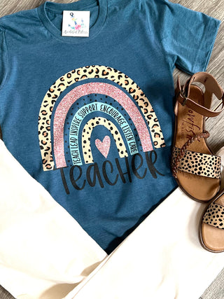 PRE-ORDER Teacher Leopard + Rainbow Graphic Tee-Harps & Oli-Shop Anchored Bliss Women's Boutique Clothing Store