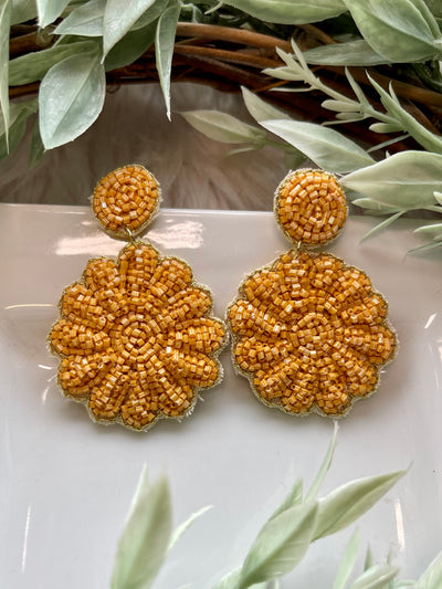 Addie Beaded Flower Earrings • Mustard-DMC-Shop Anchored Bliss Women's Boutique Clothing Store