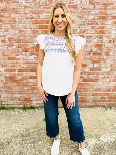 You're My Soulmate Woven Embroidery Top • White-Blu Pepper-Shop Anchored Bliss Women's Boutique Clothing Store