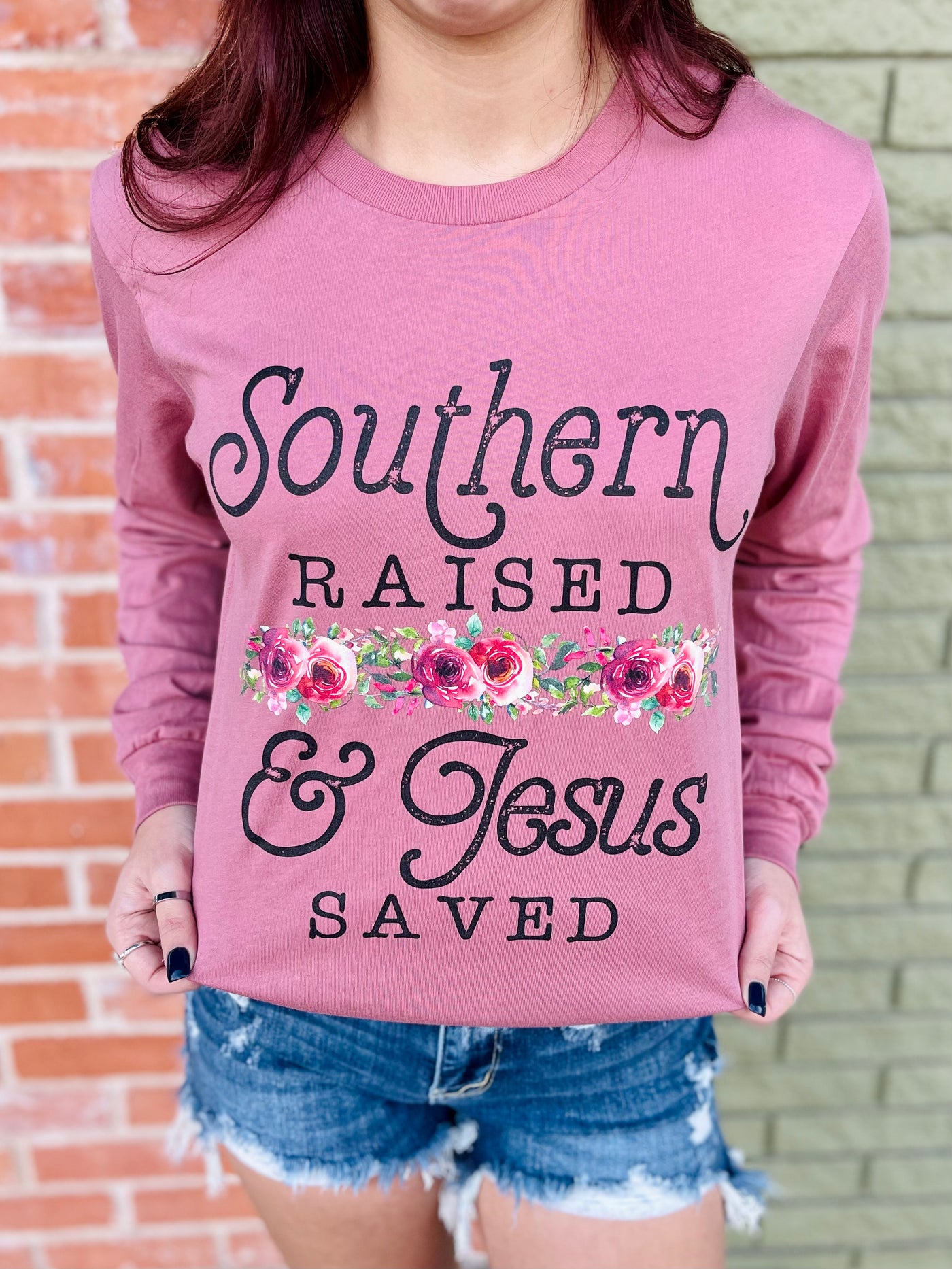 Southern Raised Jesus Saved Graphic Tee-Harps & Oli-Shop Anchored Bliss Women's Boutique Clothing Store