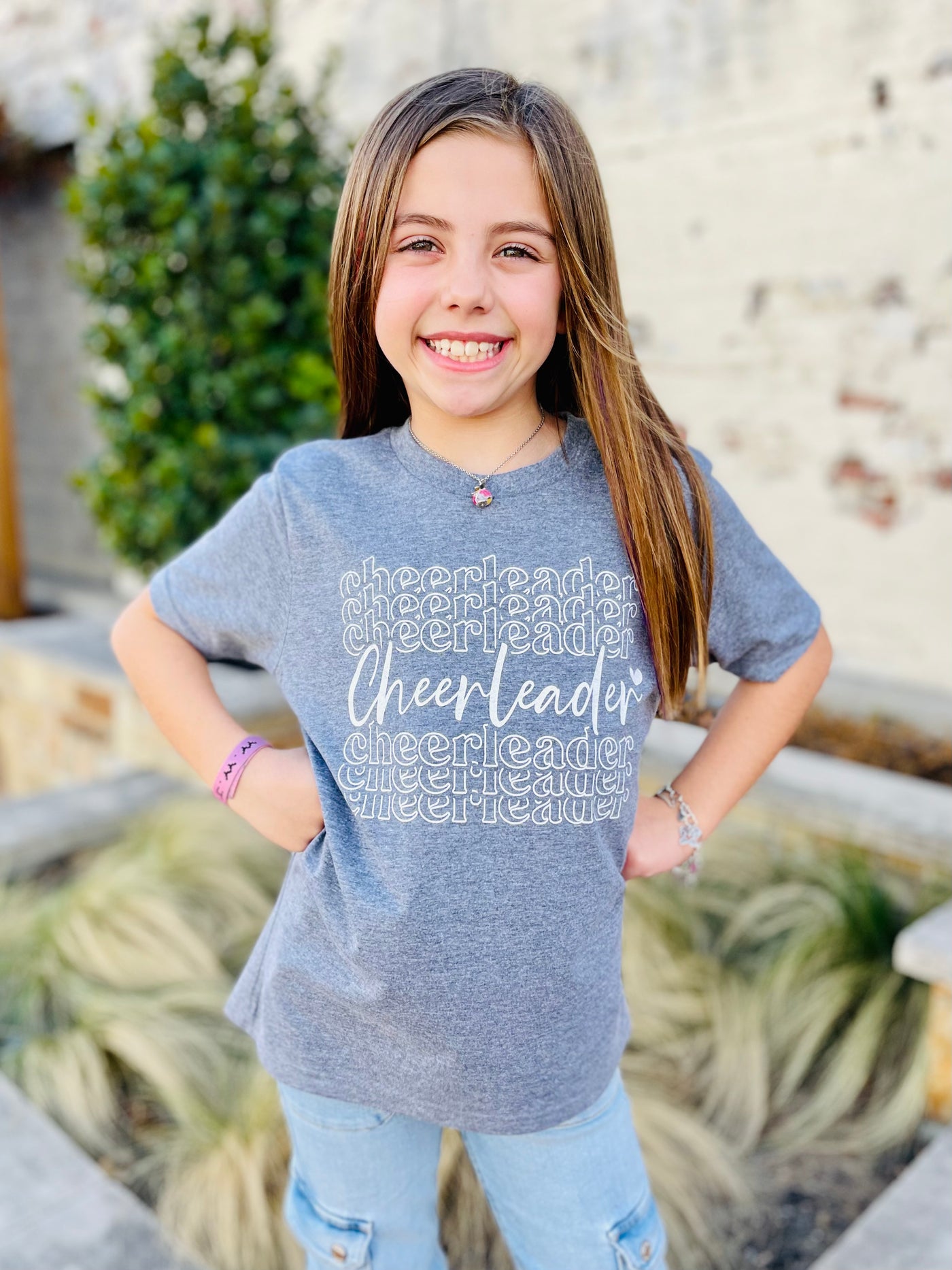 Grey Cheerleader Repeat Graphic Tee-Harps & Oli-Shop Anchored Bliss Women's Boutique Clothing Store