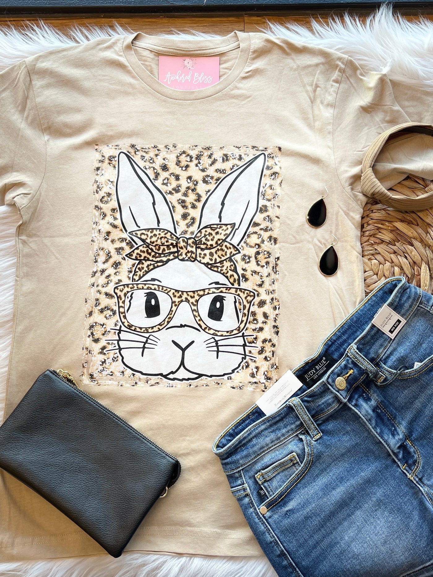 Leopard Rectangle Bunny Graphic Tee-Harps & Oli-Shop Anchored Bliss Women's Boutique Clothing Store