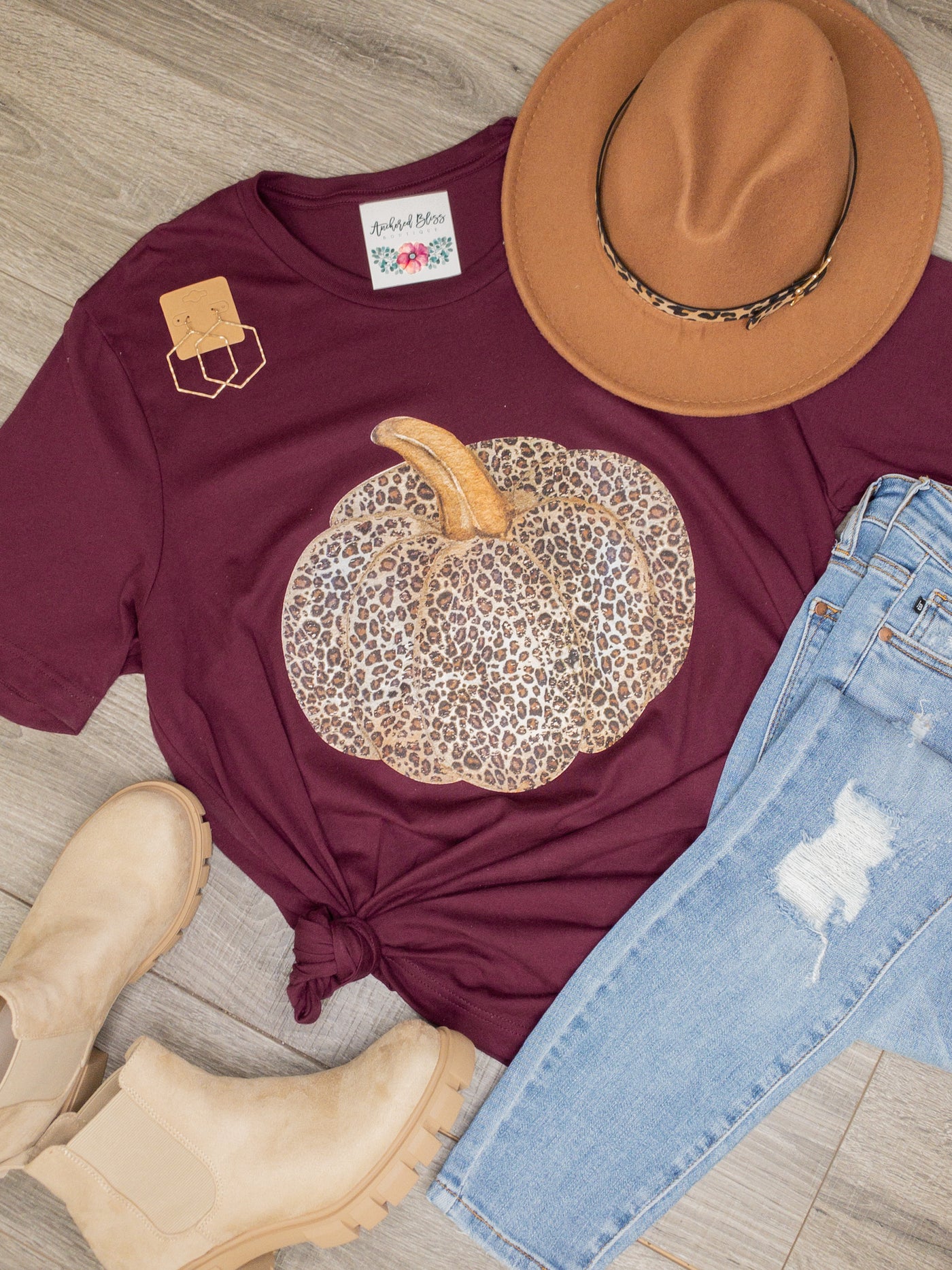 Maroon Leopard Pumpkin Graphic Tee-Harps & Oli-Shop Anchored Bliss Women's Boutique Clothing Store
